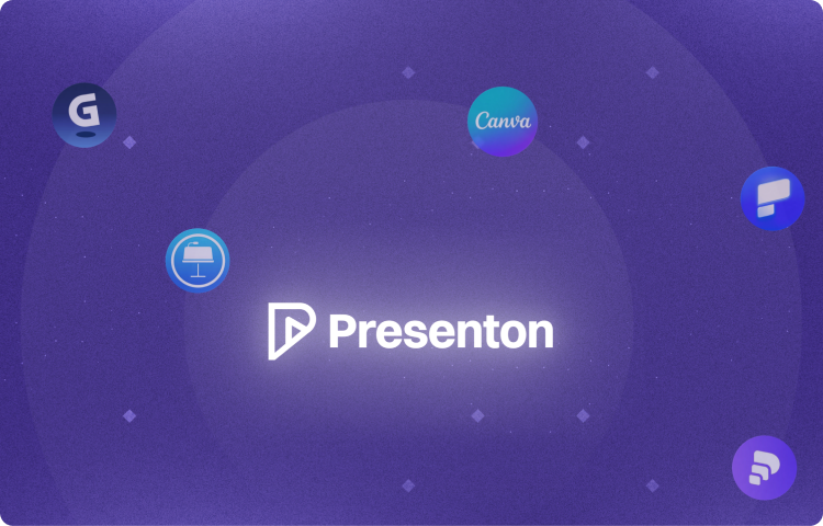 Presenton surrounded by presentation tools in a purple field